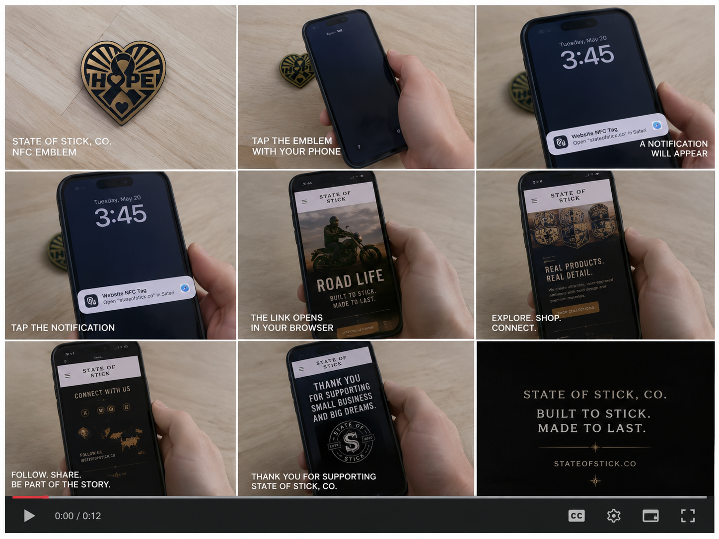 Nine-panel walkthrough showing a State of Stick, Co. NFC emblem being tapped with a phone, opening a notification, loading the website, and inviting the customer to explore, shop, follow, and connect.