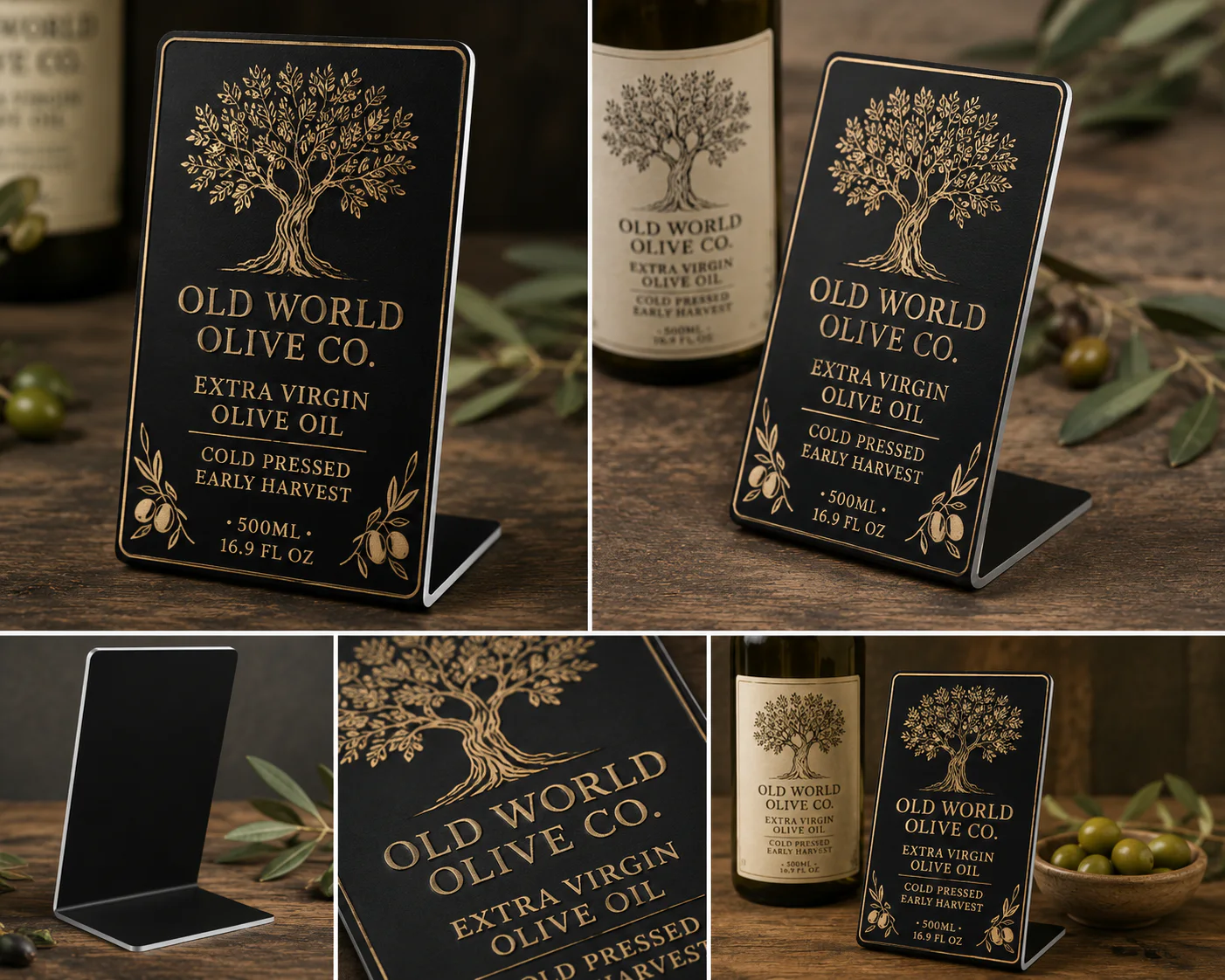 Old World Olive Co. countertop acrylic sign concept with a precision-made olive tree emblem mounted on a freestanding display.