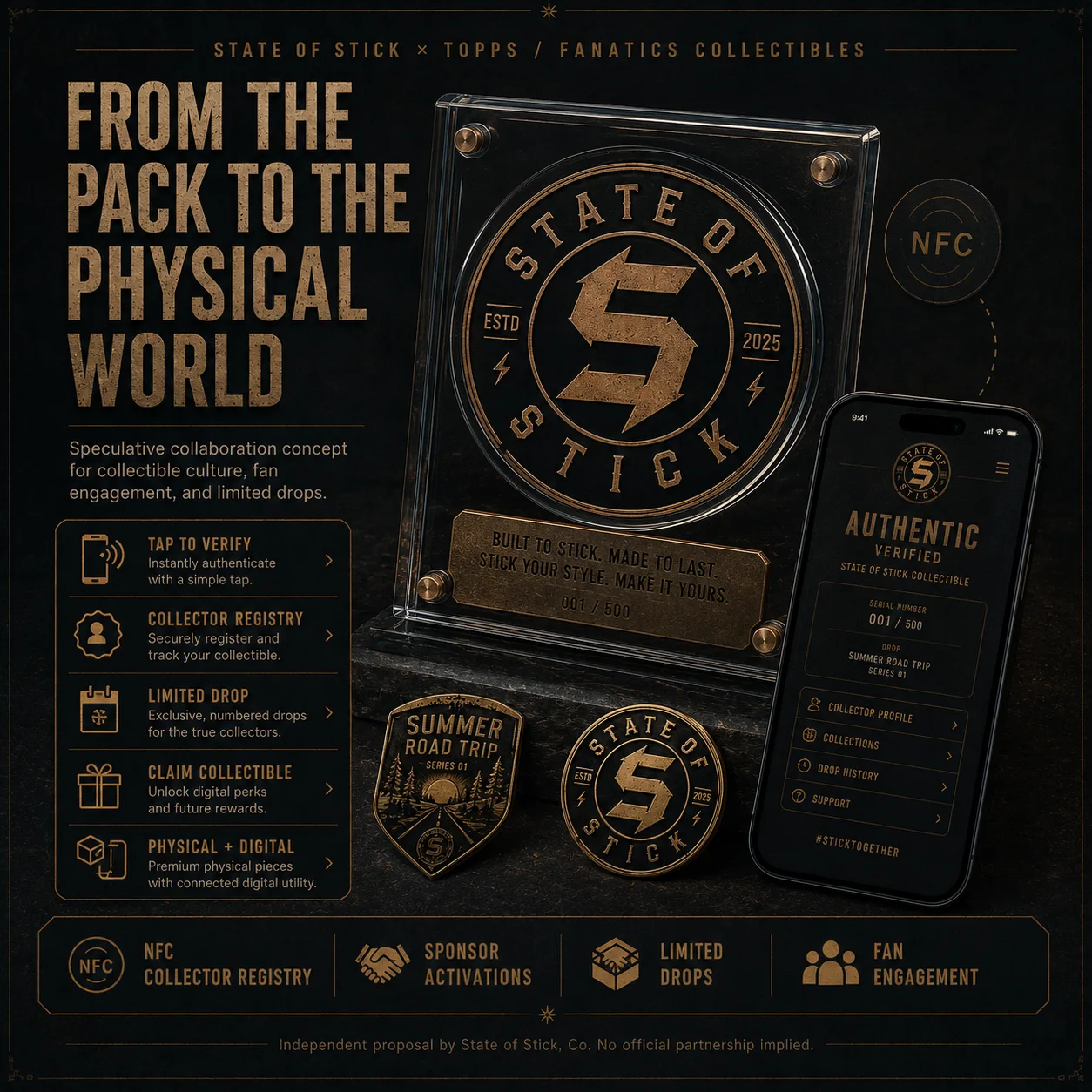 A premium connected collectible concept displayed beside a collector experience on a phone.
