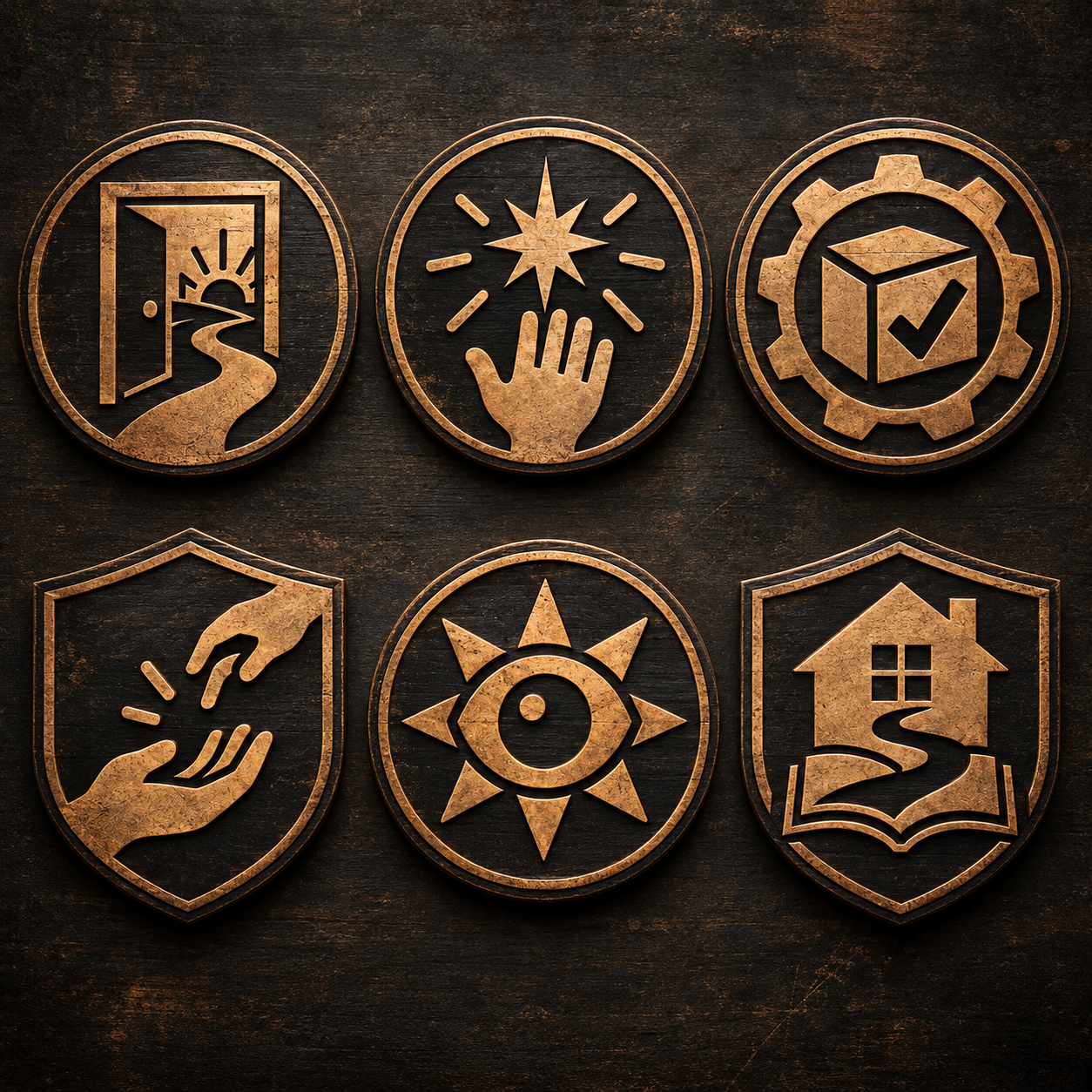 Six material emblem concepts for routine, activity, supported work, human support, accessibility, and memory