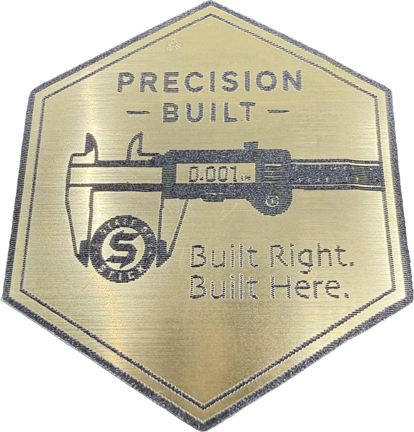 Gold-and-black Precision Built emblem with a caliper illustration
